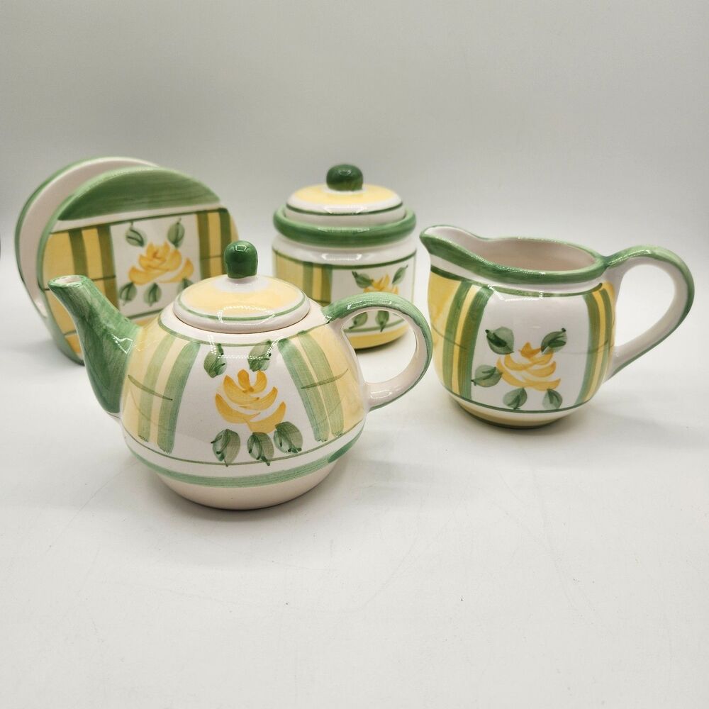 Royal Norfolk Tea Set 4 Pc Green Yellow Rose Tea Pot Sugar Creamer Napkin Holder